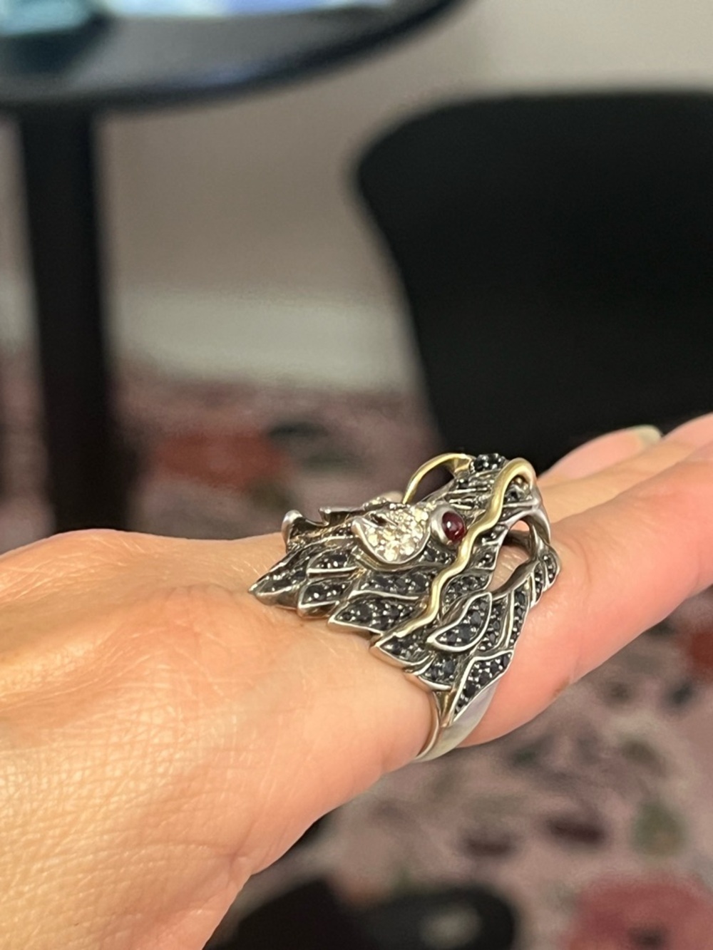 John Hardy Silver Naga Dragon Ring with Gold Accents and Ruby Gem Eyes - Picture 3 of 12